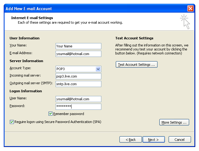 configurar outlook 2007 hotmail pop3 smtp